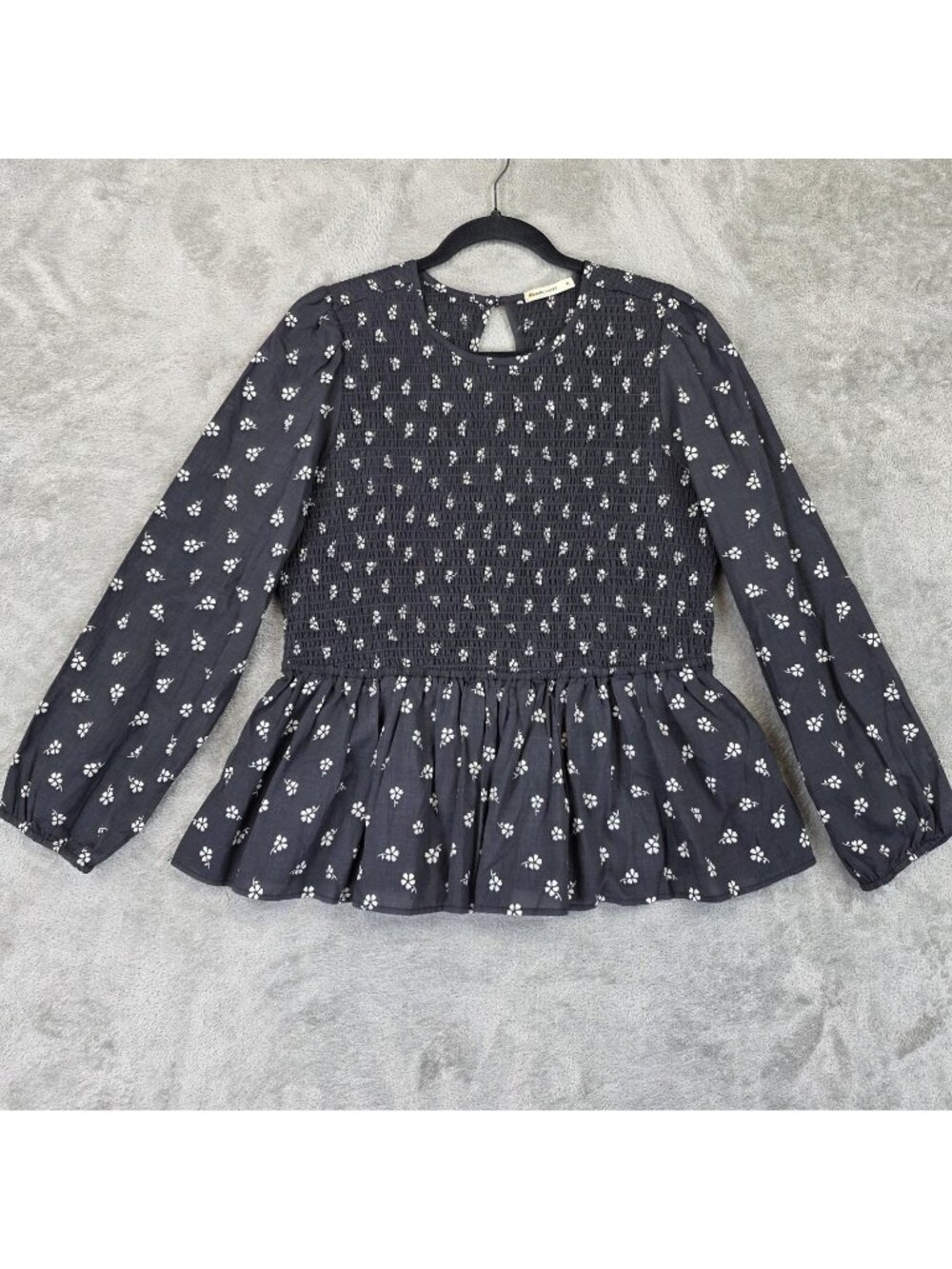 Marine Layer Blouse Womens XL Gray Round Neck Long Balloon Sleeve Floral Smocked